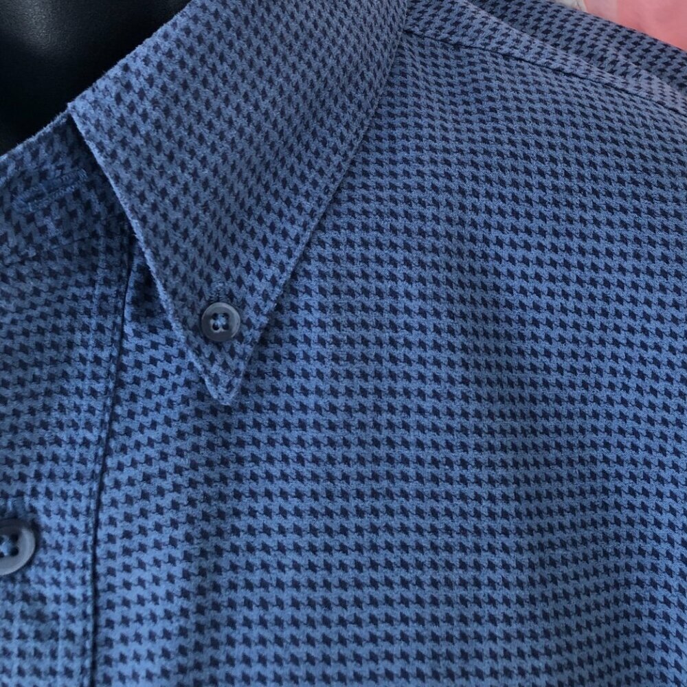 Alan Flusser Shirt Large Blue Navy Check Mole Skin Satin Lined - Picture 2 of 10